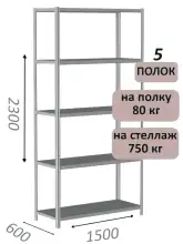 Стеллаж металлический полочный МС-750 2300х1500х600, 5 полок, светло-серый
